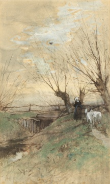 Anton Mauve (Dutch, 1876-1962) Landscape with Woman and Goats